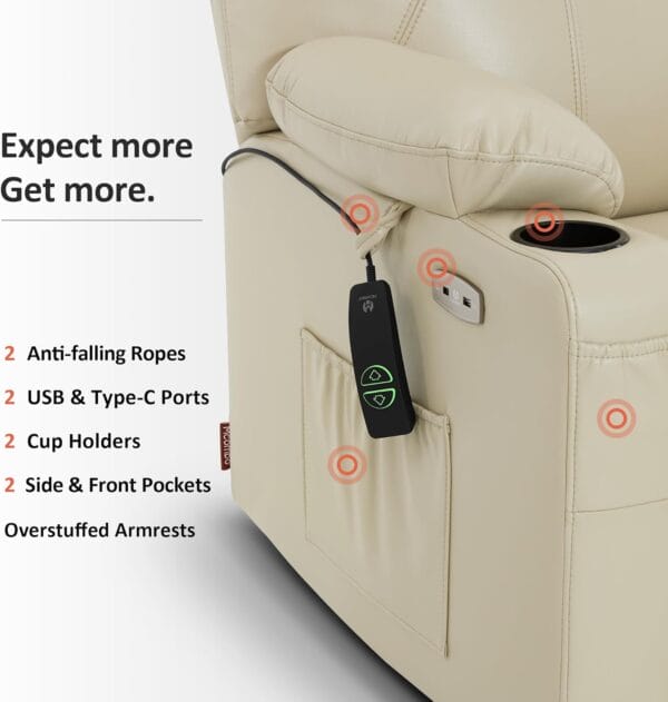 MCombo Extra Wide Power Lift Recliner Chair for Elderly, Lift Chair with Heat and Massage for Big People, USB&Type C Ports, Cup Holders, Faux Leather R7045 (Cream White, Medium-Wide) - Image 8