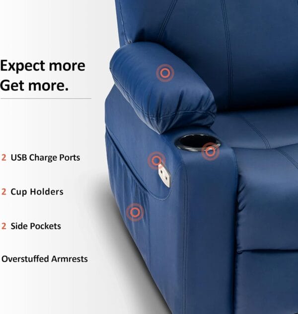 MCombo Electric Power Lift Recliner Chair Sofa with Massage and Heat for Elderly, 3 Positions, 2 Side Pockets, and Cup Holders, USB Ports, Faux Leather 7040 (Blue, Medium) - Image 6