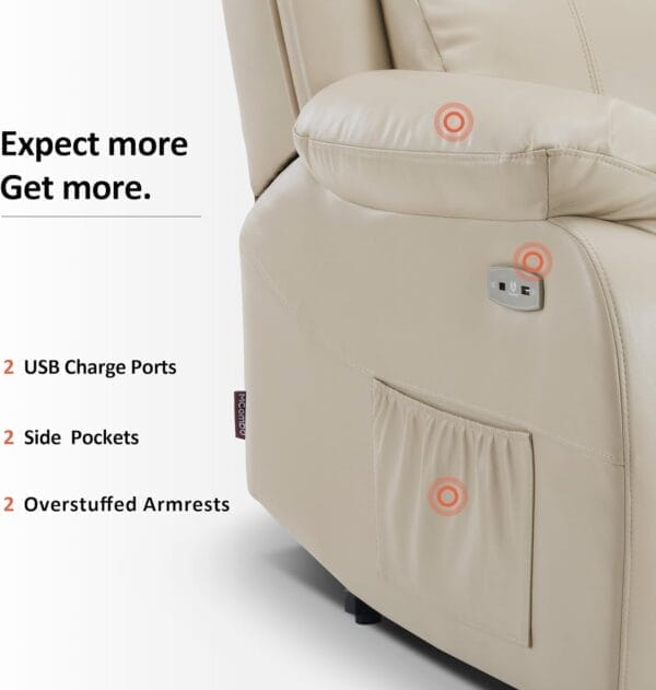 MCombo Small-Regular Power Lift Recliner Chair with Massage and Heat for Petite Elderly People, 3 Positions, 2 Side Pockets, USB Ports, Faux Leather 7408 (Beige, Small-Regular) - Image 7