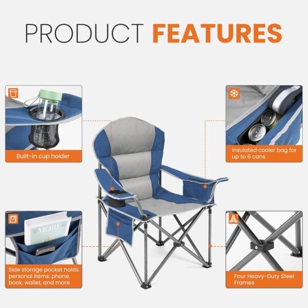 Sweetcrispy Camping Folding Chair, Heavy Duty Support - Foldable Padded Seat with Side Pockets, Cup Holder & Insulated Cooler Bag for Camping, Beach, Fishing, Outdoor Events, Bluegrey - Image 4