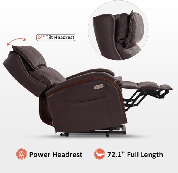 MCombo Power Lift Recliner Chair Sofa with Massage and Heat, Adjustable Headrest for Elderly People, Solid Wood Armrest, USB Ports, Side Pockets, Faux Leather 7917 (Dark Brown, Medium) - Image 6