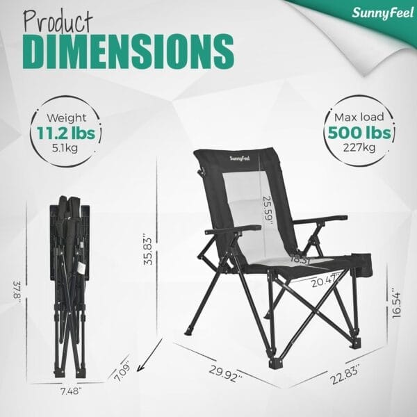 SUNNYFEEL Ergonomic High Back Camp Chair - 500lbs Heavy Duty Folding Chair, UV-Resistant Portable Camp Chair with Hard Armrests, Cup Holder＆ Bag for Outdoor, Basebal, Travel, Sports, Hiking, Fishing - Image 3