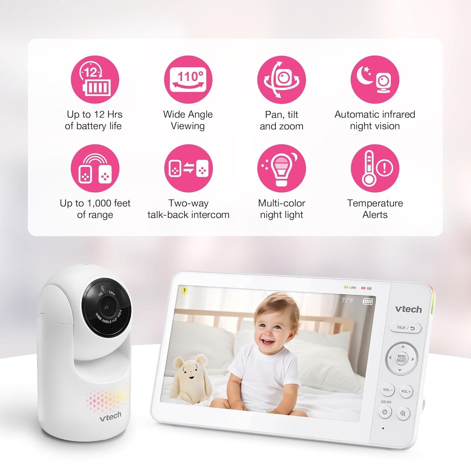 VTech [2025 Upgrade] Baby Monitor with 7" IPS Screen, Pan Tilt Zoom Camera, No WiFi Video Baby Monitor with Camera and Audio, Multi-Color Night Light, 2-Way Talk, Lullabies, Advanced HQ Max - Image 2