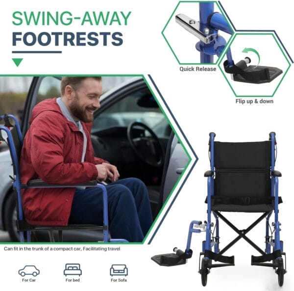 Magshion Lightweight Transport Wheelchair for Adults 250 Lbs, Portable Folding Transport Chair for Seniors with Push-to-Lock & Hand Brakes, Compact 16" Seat (Blue Frame) - Image 6