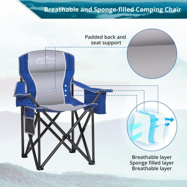 Folding Camping Chair, Heavy Duty Portable Lawn Chairs with Cooler Bag, Side Pocket & Cup Holder, Folding Chairs for Outside Support 450lbs Blue - Image 6