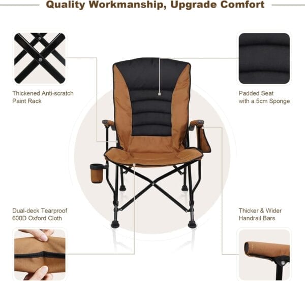 Outdoor Folding Camping Chair Heavy Duty Movable High Back Collapsible Padded Chair with Storage Bag for Outside Camping Activities, Brown - Image 6