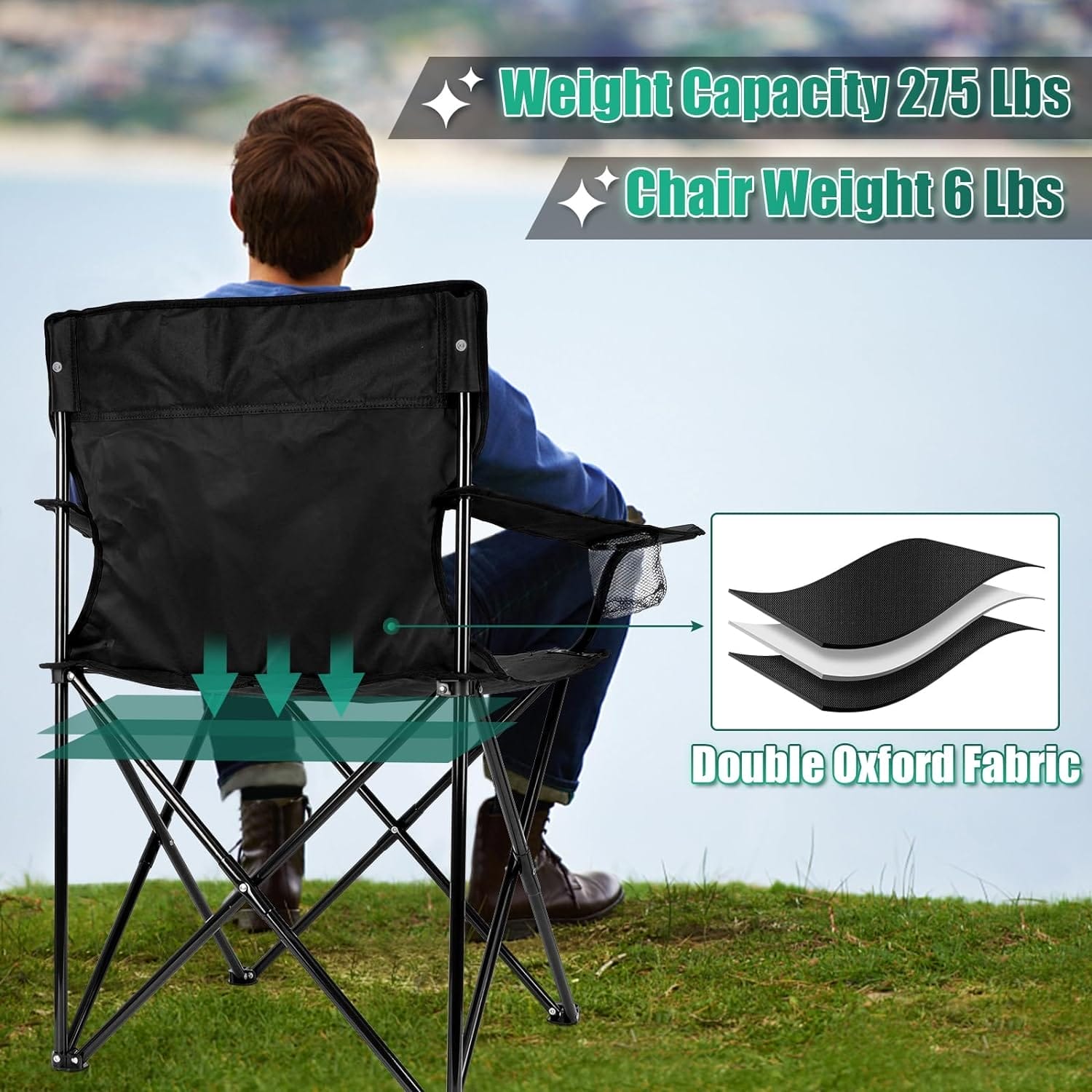 HaSteeL Camping Chair, Oversized Folding Lawn Chair for Adults, Foldable Camp Chair with Cup Holders Portable for Outdoor Fishing, Hiking, Travel, Picnic, Beach, Carrying Bag & Supports 275lbs (Black) - Image 5