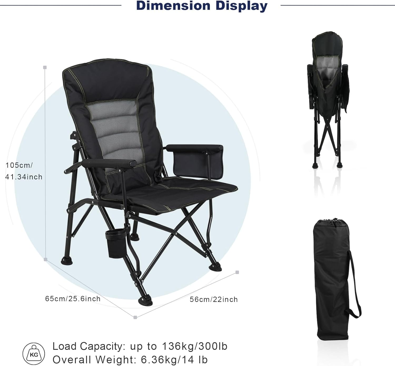 Outdoor Folding Camping Chair Heavy Duty Movable High Back Collapsible Padded Chair with Storage Bag for Outside Camping Activities, Black - Image 3