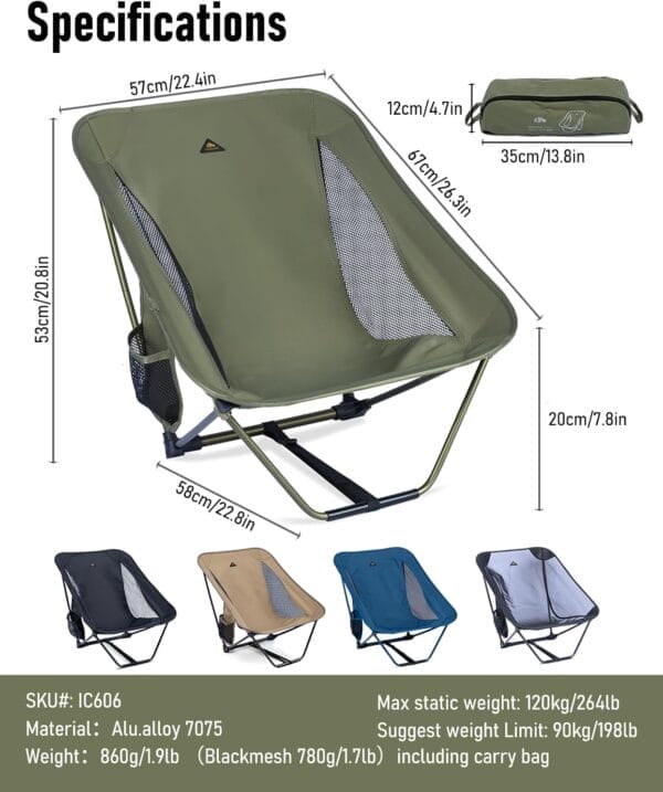 iClimb Low Ultralight Compact Camping Folding Chair with Side Pocket and Carry Bag - Image 3