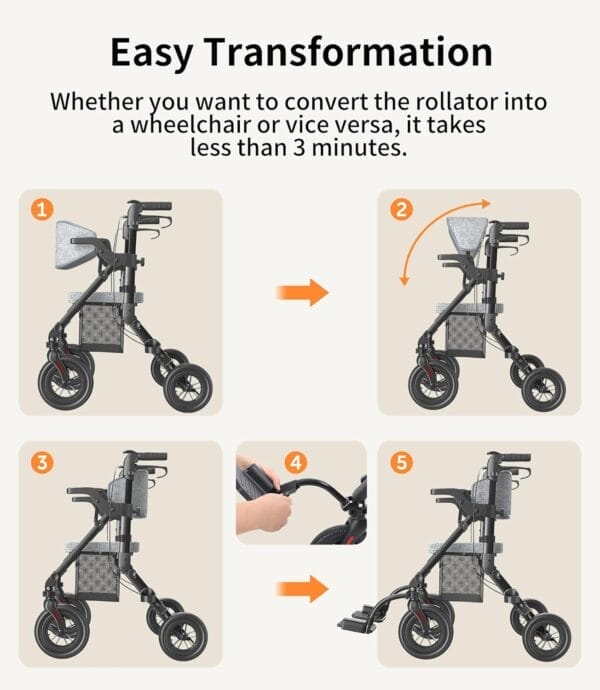Rollator-Walkers-for-Seniors-with-Seat, Walker Wheelchair Combo, Transport-Wheelchair-Lightweight-Foldable, Adult Walkers All Terrain, 2 in 1 Rolling Walker Chair with Brakes & Pouch-2024 New - Image 7