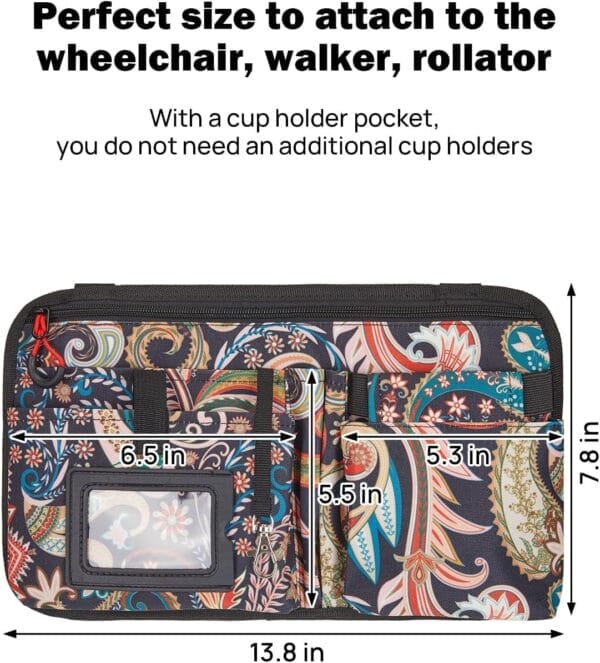 JOYTUTUS Wheelchair Side Bag, Upgraded Walker Pouch Bag with Cup Holder, Wheelchair Armrest Accessories for Walker, Rollator, Electric Scooter Wheelchairs, Ideal Gift for Seniors, Black Pattern - Image 5