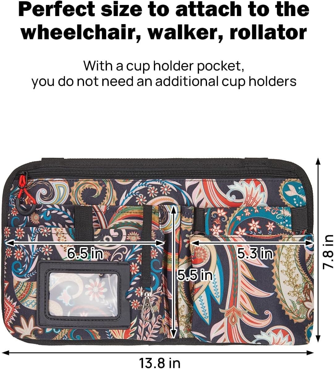 JOYTUTUS Wheelchair Side Bag, Upgraded Walker Pouch Bag with Cup Holder, Wheelchair Armrest Accessories for Walker, Rollator, Electric Scooter Wheelchairs, Ideal Gift for Seniors, Black Pattern - Image 5