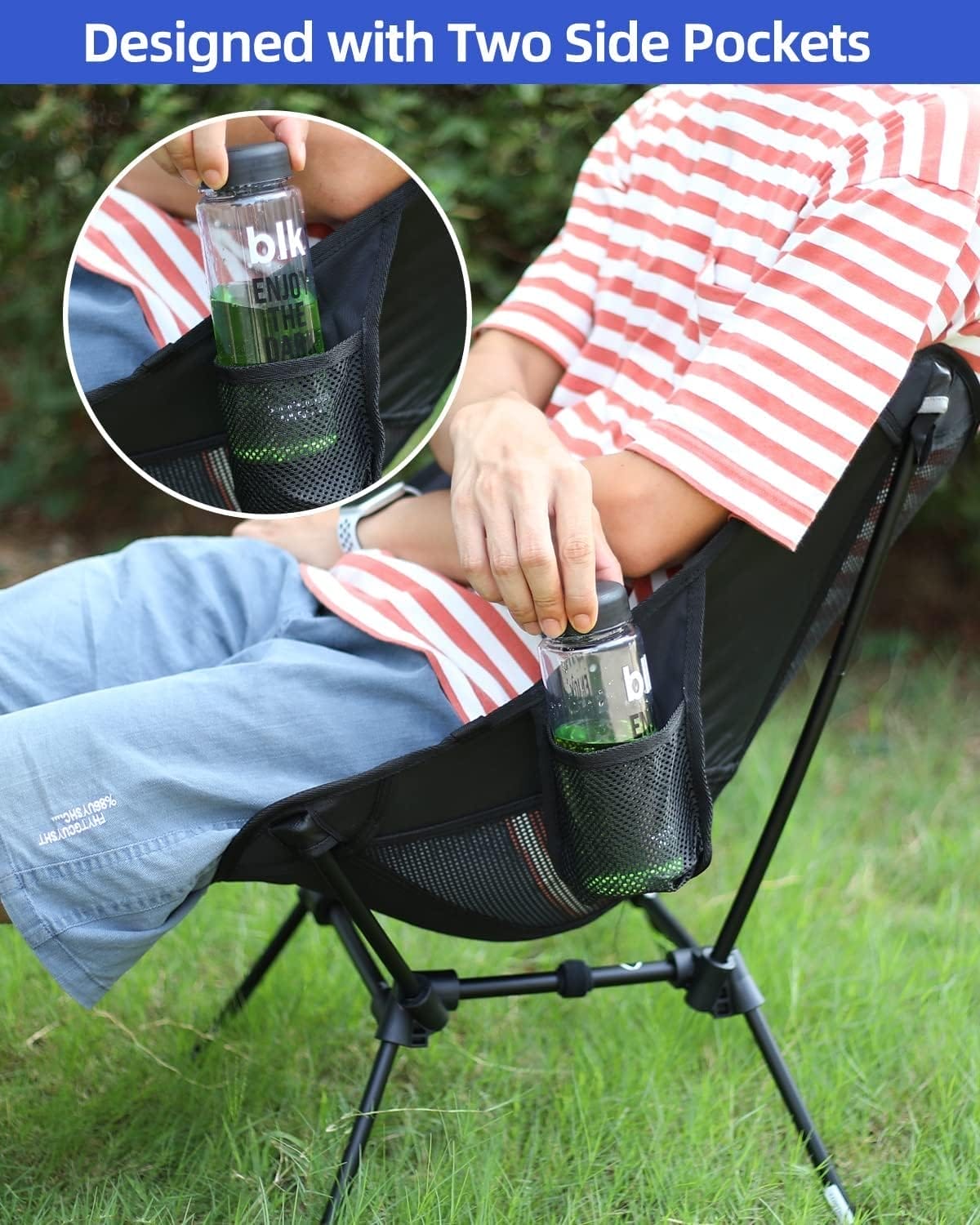 Sportneer Camping Chairs, Lightweight Outdoor Chairs with 2 Side Pockets & Storage Bag, Foldable & Portable Lawn Chairs for Camping Hiking Lawn Picnic Beach Outdoor Travel (1, Black) - Image 6