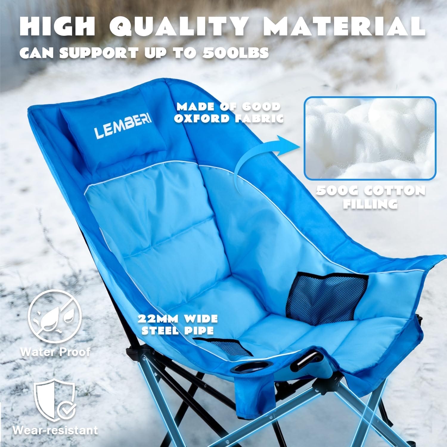 LEMBERI Oversized Heavy Duty Camping Chair for Adults,500lbs Comfortable Folding Lawn Chairs,Large Outdoor Portable Chair with Cup Holder,Side Pocket and Cooler Bag - Image 4