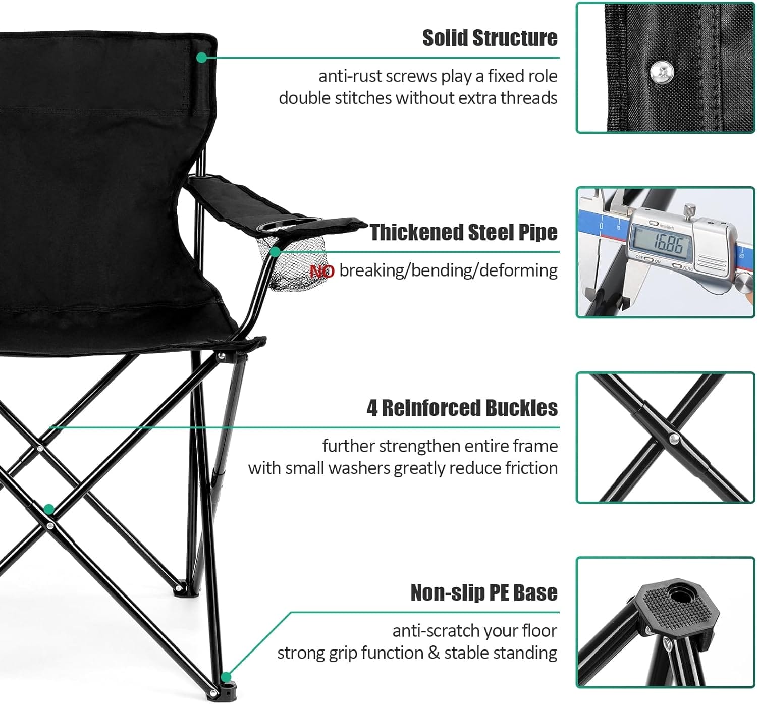 HaSteeL Camping Chair, Oversized Folding Lawn Chair for Adults, Foldable Camp Chair with Cup Holders Portable for Outdoor Fishing, Hiking, Travel, Picnic, Beach, Carrying Bag & Supports 275lbs (Black) - Image 3