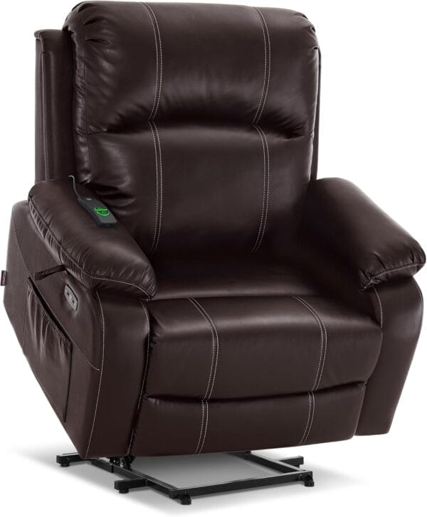 MCombo Small-Wide Power Lift Recliner Chair with Massage and Heat for Petite Elderly People, 3 Positions, 2 Side Pockets, USB Ports, Faux Leather R7410 (Dark Brown, Small-Wide)