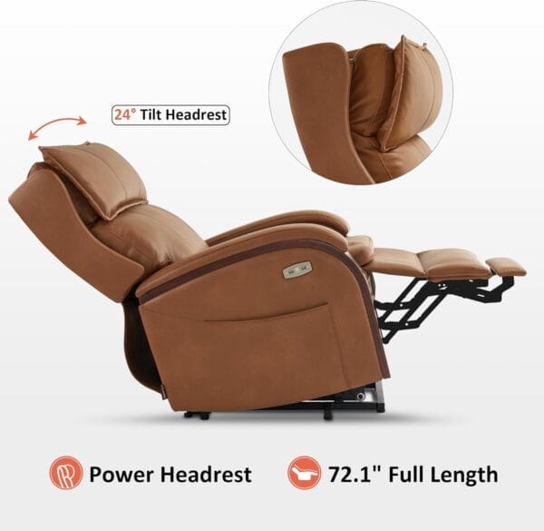 MCombo Power Lift Recliner Chair Sofa with Massage and Heat, Adjustable Headrest for Elderly People, Solid Wood Armrest, USB Ports, Side Pockets, Faux Leather 7917 (Tawny, Medium) - Image 6