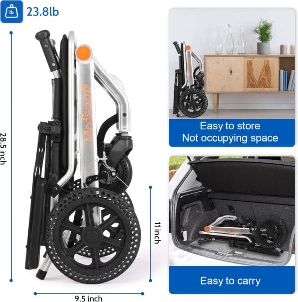 Portable Aluminum Transport Wheelchair with Handbrake, 11" Rear Wheels, Ultralight Folding Travel Wheelchair for Adults, Sliver (Seat Width:17.75") - Image 3