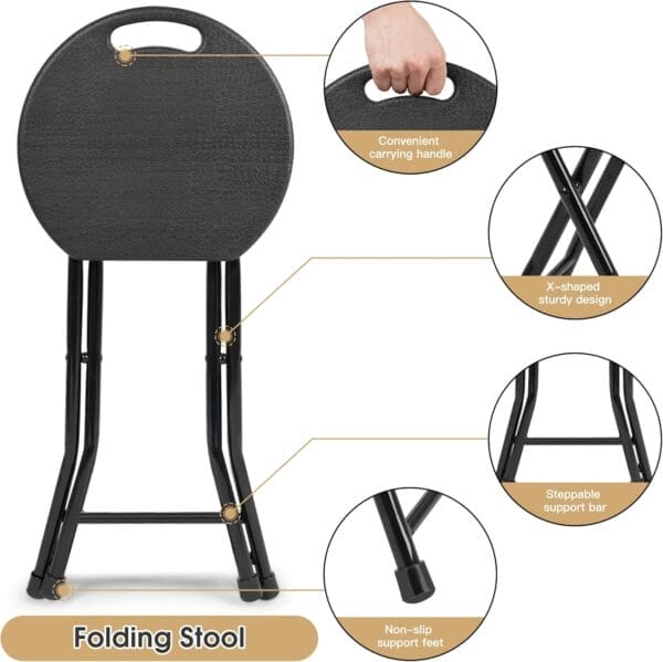 Folding Stool - 550lbs Capacity, Foldable Handle, Portable Heavy Duty, Outdoor/Indoor, 18 Inch Collapsible for Camping & Home (Set of 1, Black) - Image 4