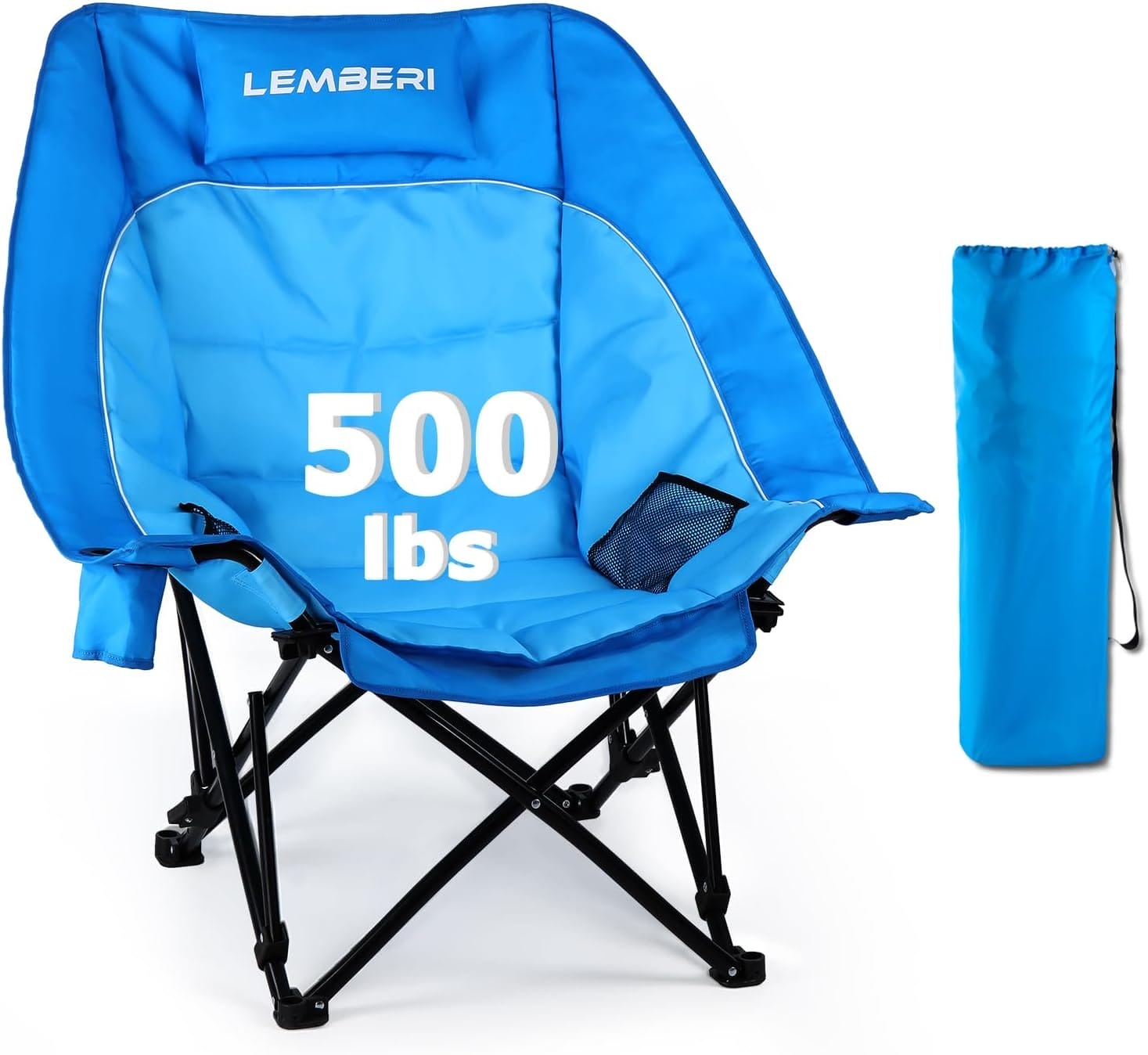 LEMBERI Oversized Heavy Duty Camping Chair for Adults,500lbs Comfortable Folding Lawn Chairs,Large Outdoor Portable Chair with Cup Holder,Side Pocket and Cooler Bag
