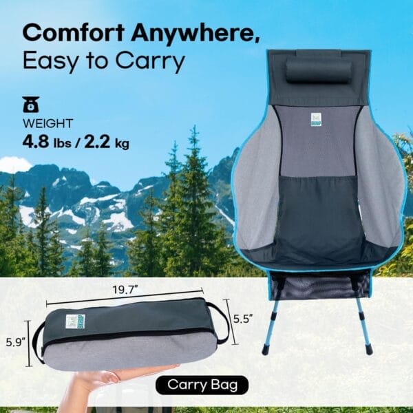 Portable Camping Chair with Adjustable Height, High Back, Pillow, and Side Pocket - Ultralight Foldable Chair for Beach, Backpacking, and Outdoor Adventures - Image 2