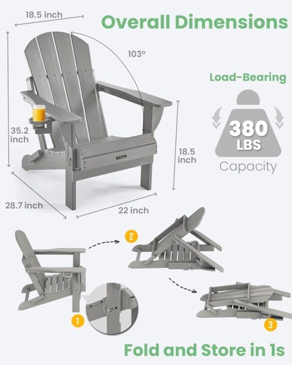 Ciokea Folding Adirondack Chair Wood Texture, Patio Chair Weather Resistant, Plastic Fire Pit Chair with Cup Holder, for Lawn Outdoor Porch Garden Backyard Deck (Grey) - Image 3
