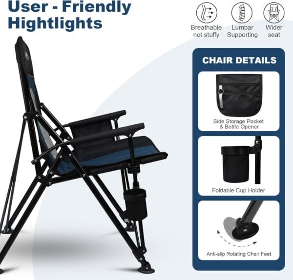 Camping Chair Portable Folding Lawn Chair Comfortable Hard Arm Sturdy for Family Camp, Outdoor, Sports, Beach, Travel, Support 400 lbs, Black&Blue - Image 4
