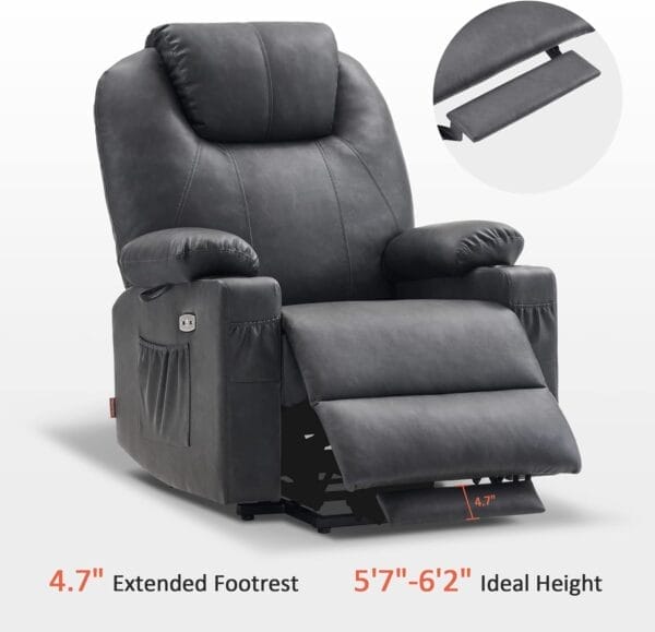 MCombo Large Power Lift Recliner Chair for Elderly, Lift Chair with Heat and Massage for Tall People, Extended Footrest, USB & Type C Ports, Cup Holders, Faux Leather 7516 (Large, Grey) - Image 6