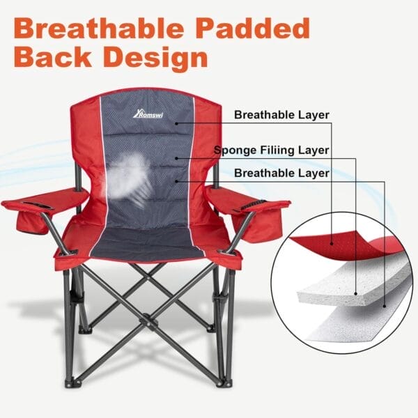 Romswi Oversized Camping Chairs,Heavy Duty Support 500 LBS,Padded Back & Arm Sport Chairs, Cup Holder Cooler Bag, Collapsible Folding Chairs for Outdoor, Fishing & Garden - Image 3