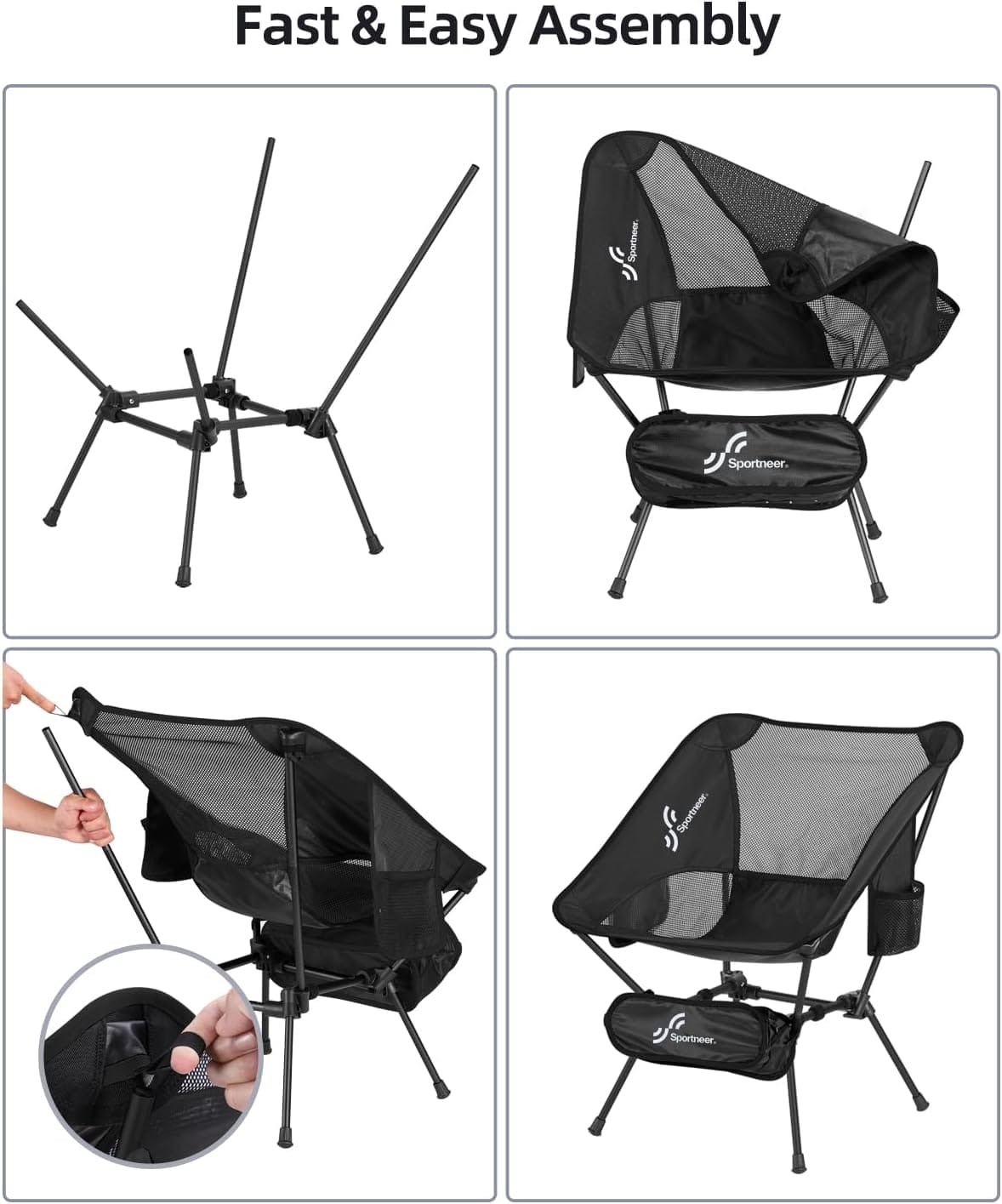 Sportneer Camping Chairs, Lightweight Outdoor Chairs with 2 Side Pockets & Storage Bag, Foldable & Portable Lawn Chairs for Camping Hiking Lawn Picnic Beach Outdoor Travel (1, Black) - Image 7