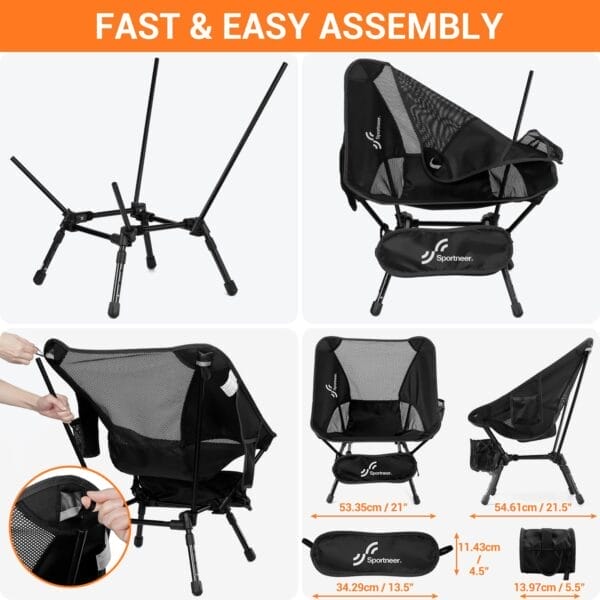 Sportneer Lawn Chairs: 3 Heights Adjustable Camping Chairs for Adults with 2 Side Pockets - Compact & Portable Folding Chairs for Outside, Backpacking, Hiking, Picnic and Travel (1, Black) - Image 4