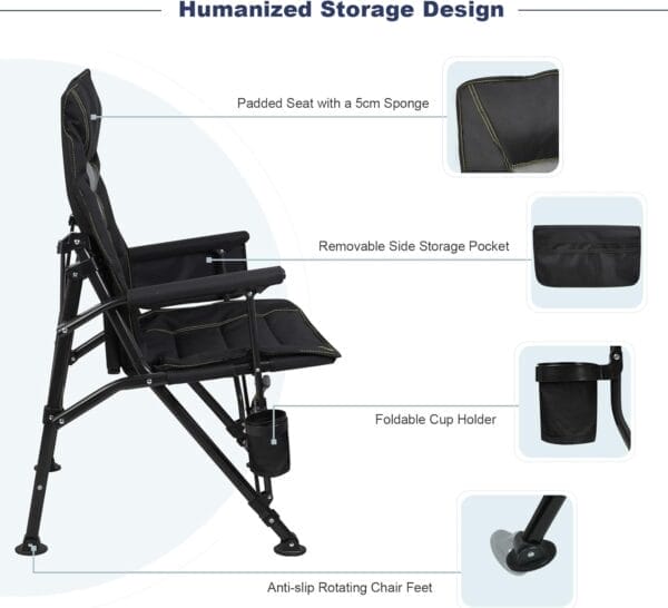 Outdoor Folding Camping Chair Heavy Duty Movable High Back Collapsible Padded Chair with Storage Bag for Outside Camping Activities, Black - Image 5