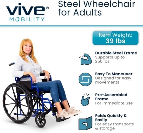 Vive Mobility Foldable Wheelchair for Adults - Portable Wheel Chair for Seniors - Folding Chair w/Wheels for Travel, All Terrain - Elderly & Disabled & Supports up to 250 lbs - Compact & Collapsible - Image 2