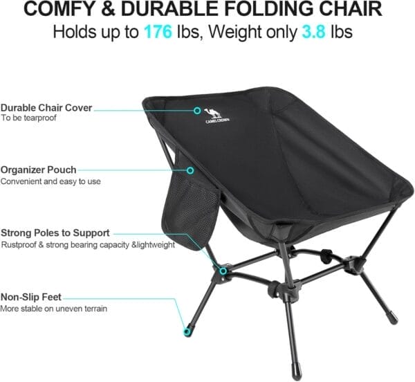 CAMEL CROWN Folding Camping Chair, Lightweight Portable Compact Lawn Chair with Side Pocket for Outdoor Travel Beach Picnic Hiking Backpacking Black - Image 5