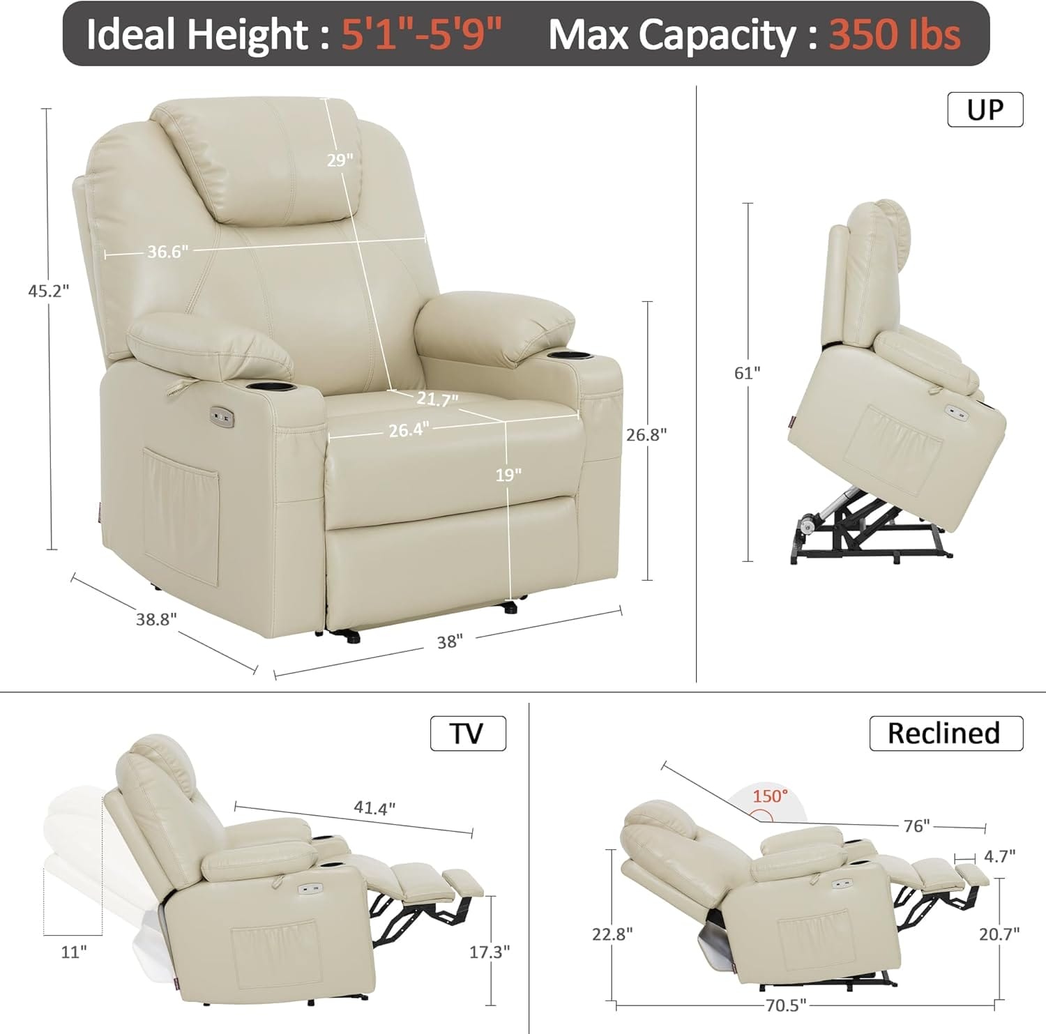 MCombo Extra Wide Power Lift Recliner Chair for Elderly, Lift Chair with Heat and Massage for Big People, USB&Type C Ports, Cup Holders, Faux Leather R7045 (Cream White, Medium-Wide) - Image 3