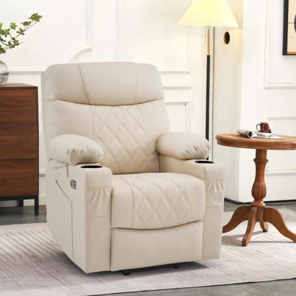 MCombo Small Power Lift Recliner Chair Sofa with Massage and Dual Heating, Adjustable Headrest for Elderly People Petite, USB Ports, Faux Leather 7111 (Cream White) - Image 4