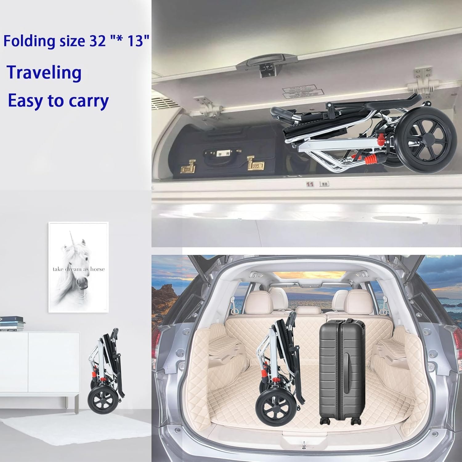 Portable Folding Wheelchair, Travel with handbrake, Ultra-Light Wheelchair for The Elderly and Children (with Bag) (12 inch PU Rear Wheel) - Image 6