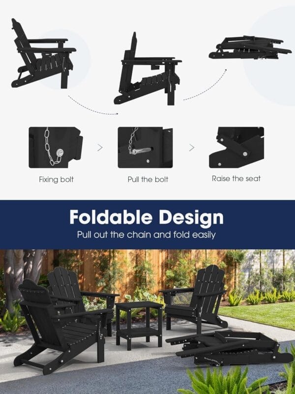 KINGYES Folding Adjustable Backrest HDPE Adirondack Chair Set of 2, Black - Image 4