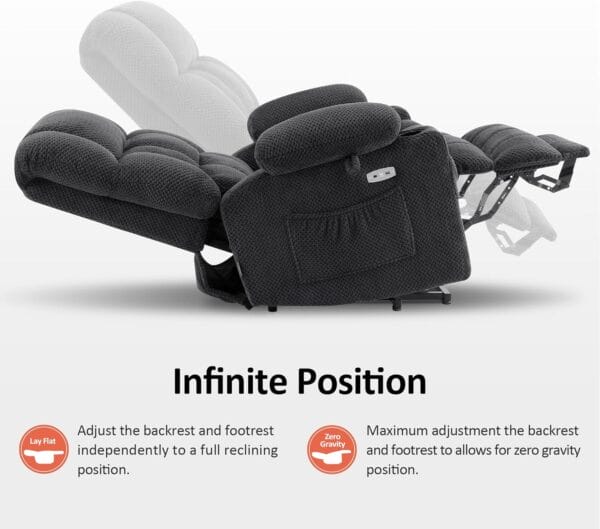 MCombo Large Dual Motor Power Lift Recliner Chair Sofa with Massage and Heat for Tall Elderly People, Infinite Position, USB Ports, Cup Holders, Fabric 7896 (Large, Dark Gray) - Image 5