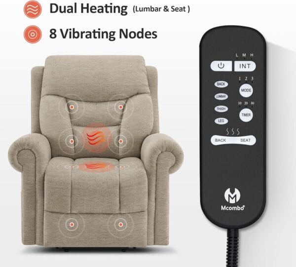 MCombo Triple Motor Power Lift Recliner Chair with Massage and Lumbar&seat Heating, Rolled Arms, Adjustable Headrest for Elderly People, Fabric 7888 (Beige, Medium) - Image 5