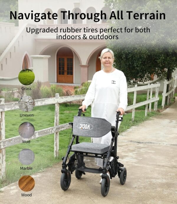 Rollator-Walkers-for-Seniors-with-Seat, Walker Wheelchair Combo, Transport-Wheelchair-Lightweight-Foldable, Adult Walkers All Terrain, 2 in 1 Rolling Walker Chair with Brakes & Pouch-2024 New - Image 4
