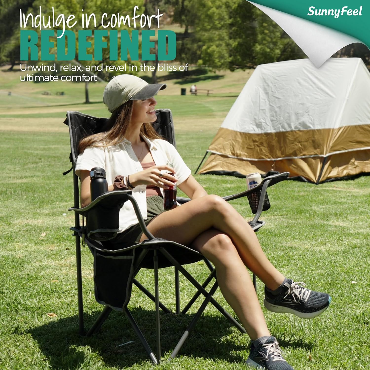 SUNNYFEEL XL Oversized Camping Chair, Folding Camp Chairs for Adults Heavy Duty Big Tall 500 LBS, Padded Portable Quad Arm Lawn Chair with Pocket for Outdoor/Picnic/Beach/Sports - Image 4