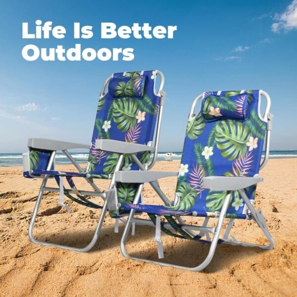 Folding Beach Chair for Adults, 10'' Low Sand Chairs with Cup Holder, 5-Position Recling Backpack Beach Chair Aluminum Frame, Portable for Travel & Outdoor, Supports 300lbs, Tropical Palm - Image 7