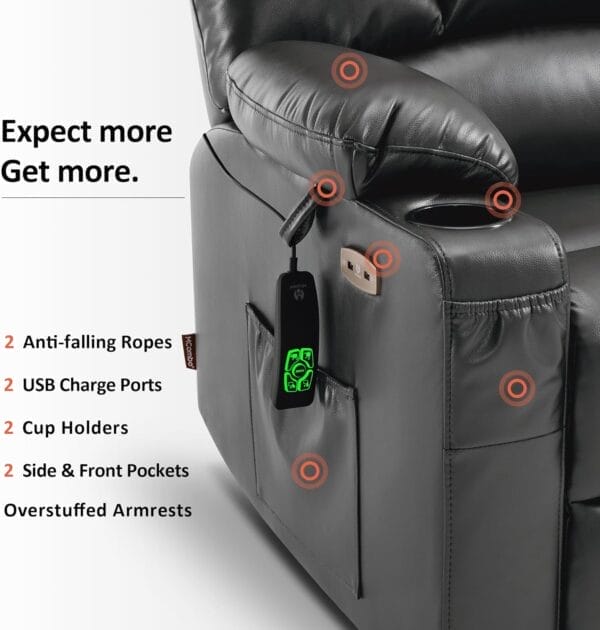 MCombo Oversized Dual Motor Power Lift Recliner Chair Sofa with Massage and Heat for Big Elderly People, Infinite Position, USB Ports, Faux Leather R7677 (Dark Grey, Medium-Oversize) - Image 8