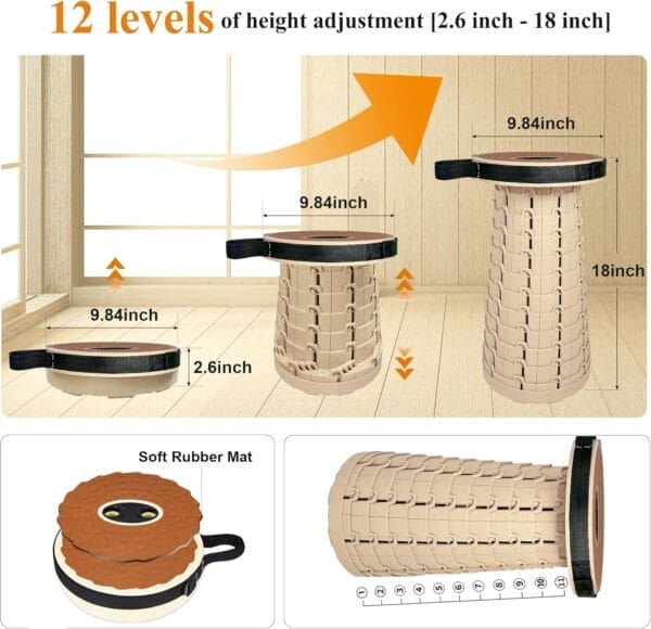 Collapsible Stool, Folding Stool with PU Cushion, Portable Foldable Stool 12 Levels and Load Capacity 500lbs, Travel Chair Backpack Chair for Camping/Fishing/Hiking/BBQ and for Adults - Image 4