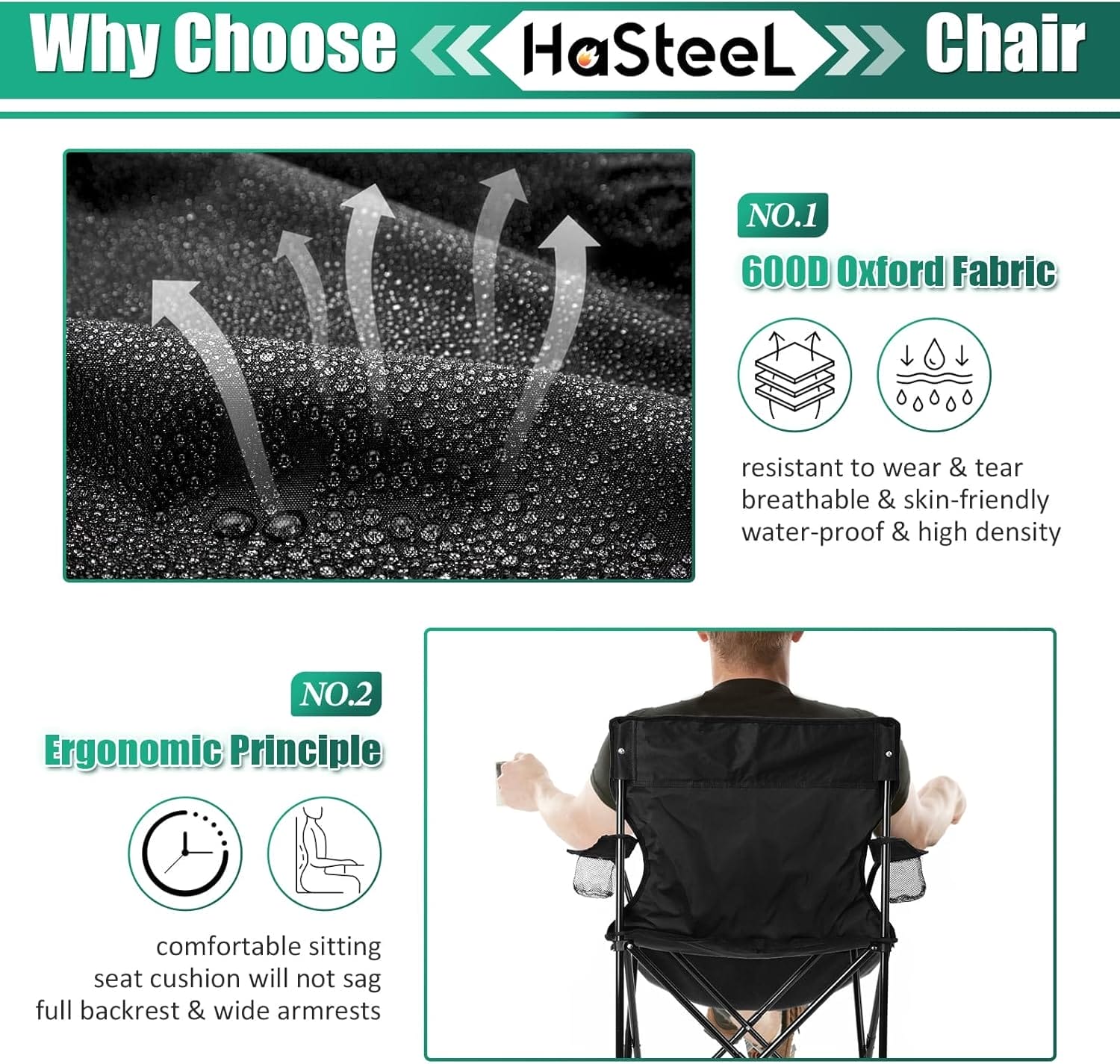 HaSteeL Camping Chair, Oversized Folding Lawn Chair for Adults, Foldable Camp Chair with Cup Holders Portable for Outdoor Fishing, Hiking, Travel, Picnic, Beach, Carrying Bag & Supports 275lbs (Black) - Image 4