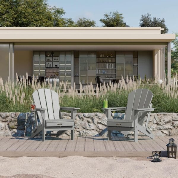 Ciokea Folding Adirondack Chair Wood Texture, Patio Chair Weather Resistant, Plastic Fire Pit Chair with Cup Holder, for Lawn Outdoor Porch Garden Backyard Deck (Grey) - Image 2