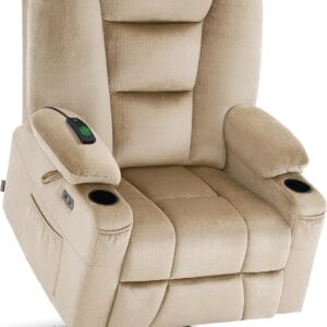 MCombo Large Power Lift Recliner Chair with Massage and Heat for Big and Tall Elderly People, Cup Holders, USB Ports, Side Pockets, Fabric R7541 (Beige, Large-Wide)