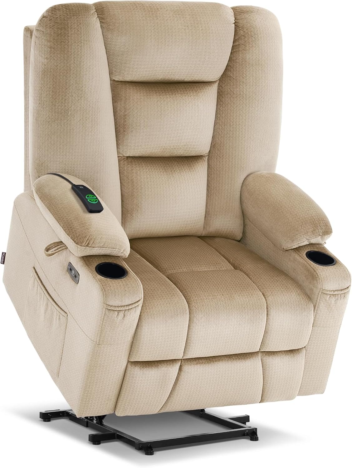 MCombo Large Power Lift Recliner Chair with Massage and Heat for Big and Tall Elderly People, Cup Holders, USB Ports, Side Pockets, Fabric R7541 (Beige, Large-Wide)