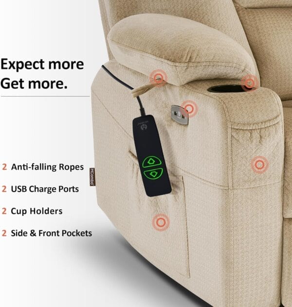 MCombo Large Power Lift Recliner Chair with Massage and Heat for Big and Tall Elderly People, Cup Holders, USB Ports, Side Pockets, Fabric R7541 (Beige, Large-Wide) - Image 8